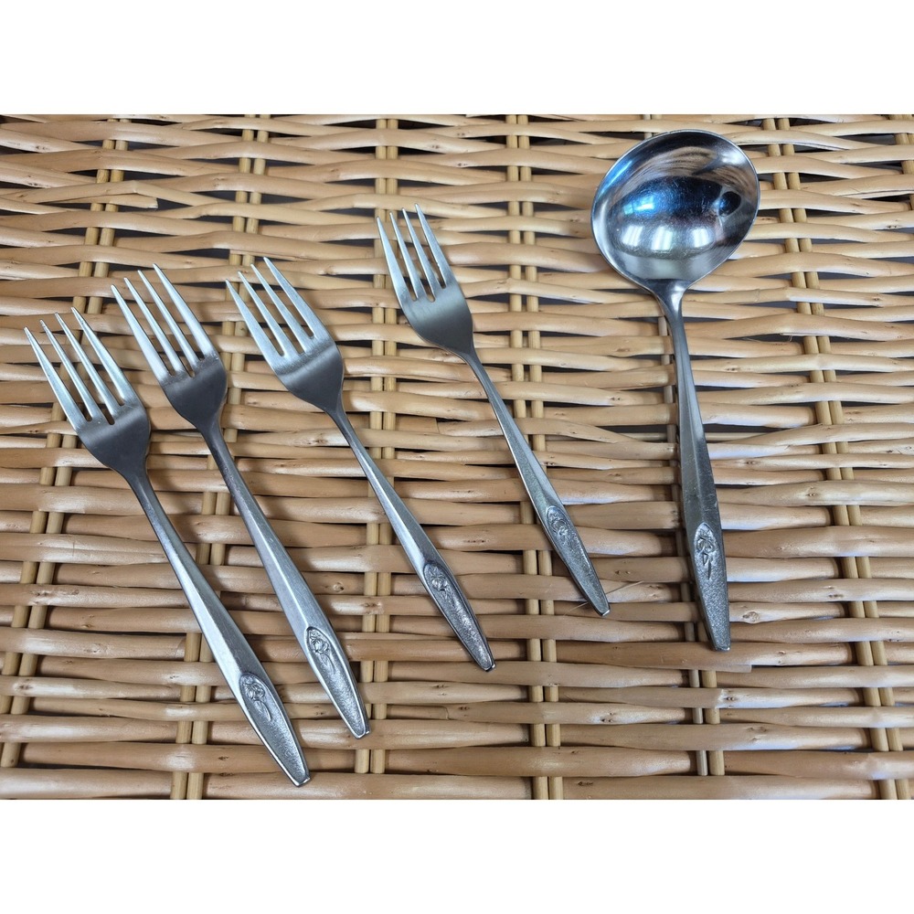Vintage‎ IIC Stainless Japan Rose Floral Flatware 4 Salad Forks 1 Ladle 5pc Set